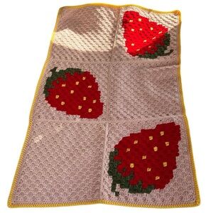 Strawberry Crochet Blanket Childs Crib Size Adorable and Like New Vibrant Red